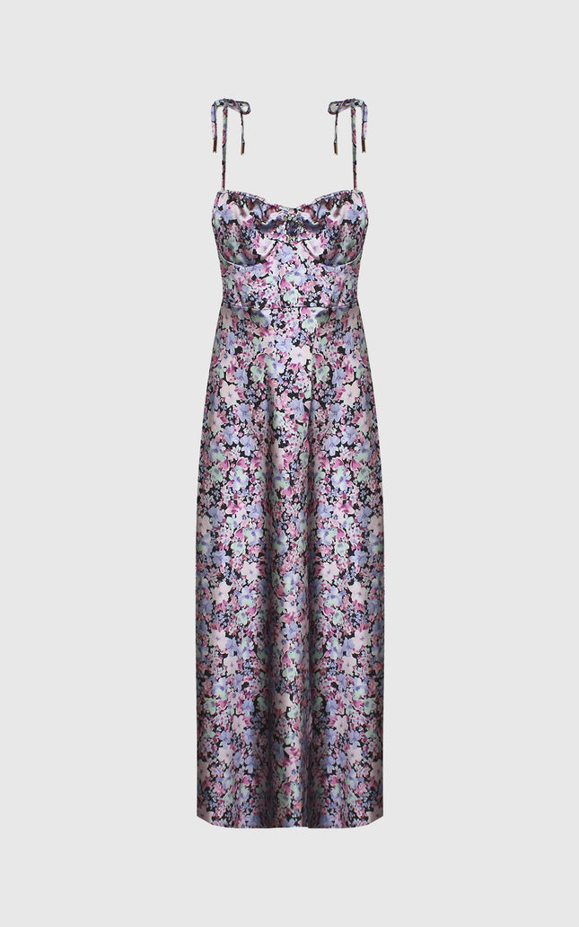 Floral print satin dress with adjustable spaghetti straps and fitted bodice, women's fashion