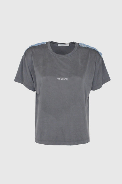 T‐SHIRT SMANICATA INSERTI JEANS E STRASS COTONE MODAL