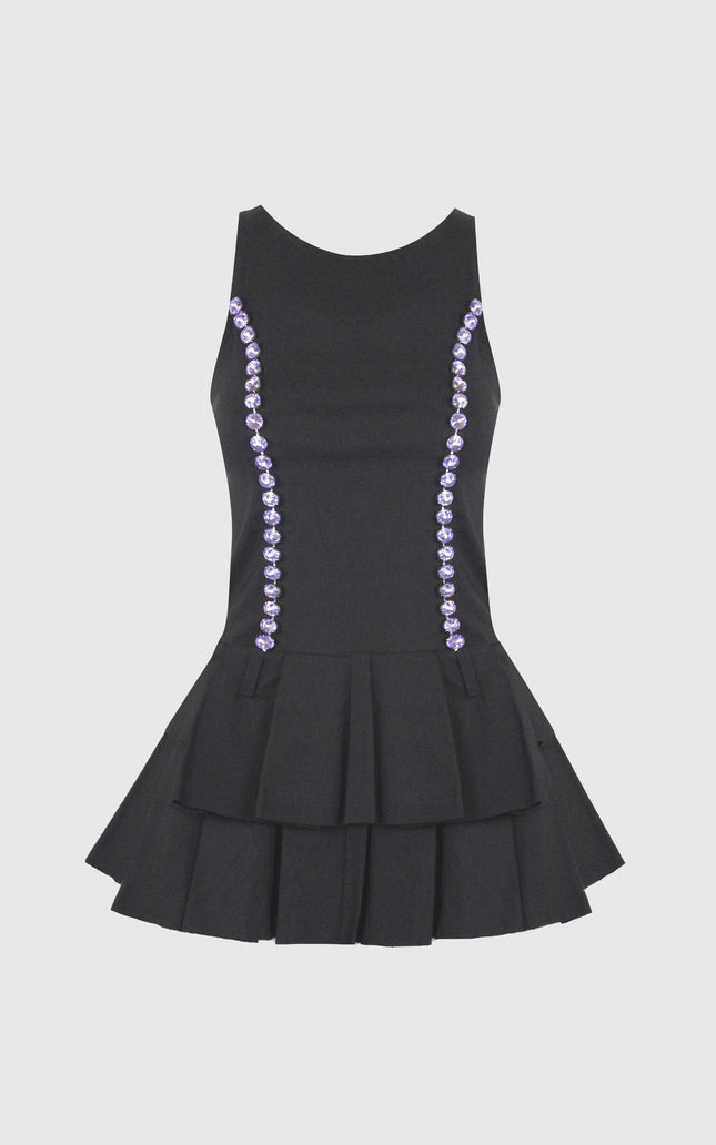 Black sleeveless mini dress with tiered skirt and purple gemstone details on sides