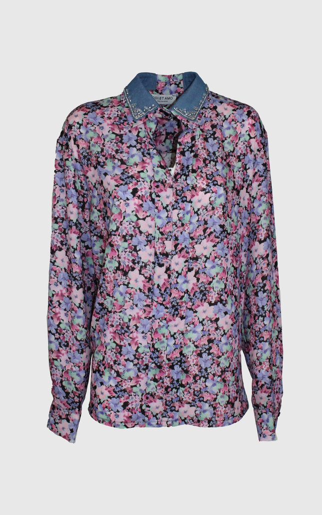 Women's long sleeve floral blouse with denim collar and crystal accents