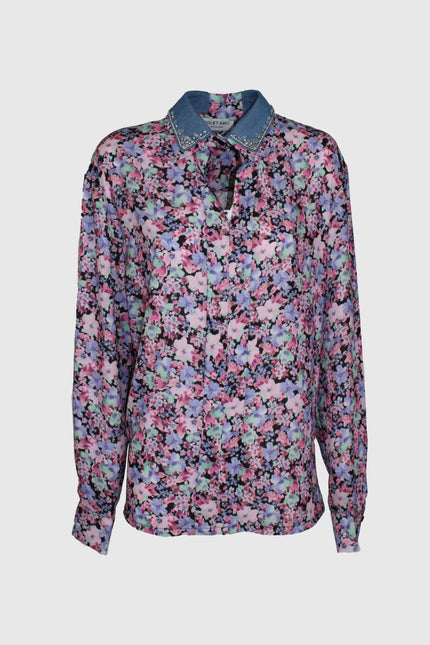 Women's long sleeve floral blouse with denim collar and crystal accents