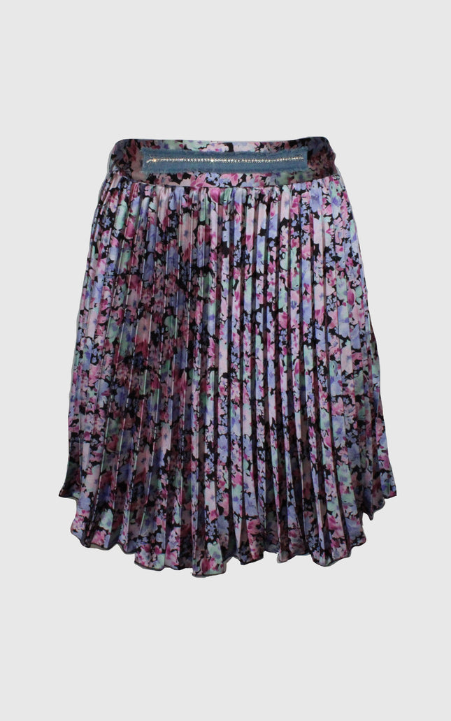 Pleated floral mini skirt with multicolor pattern on white background