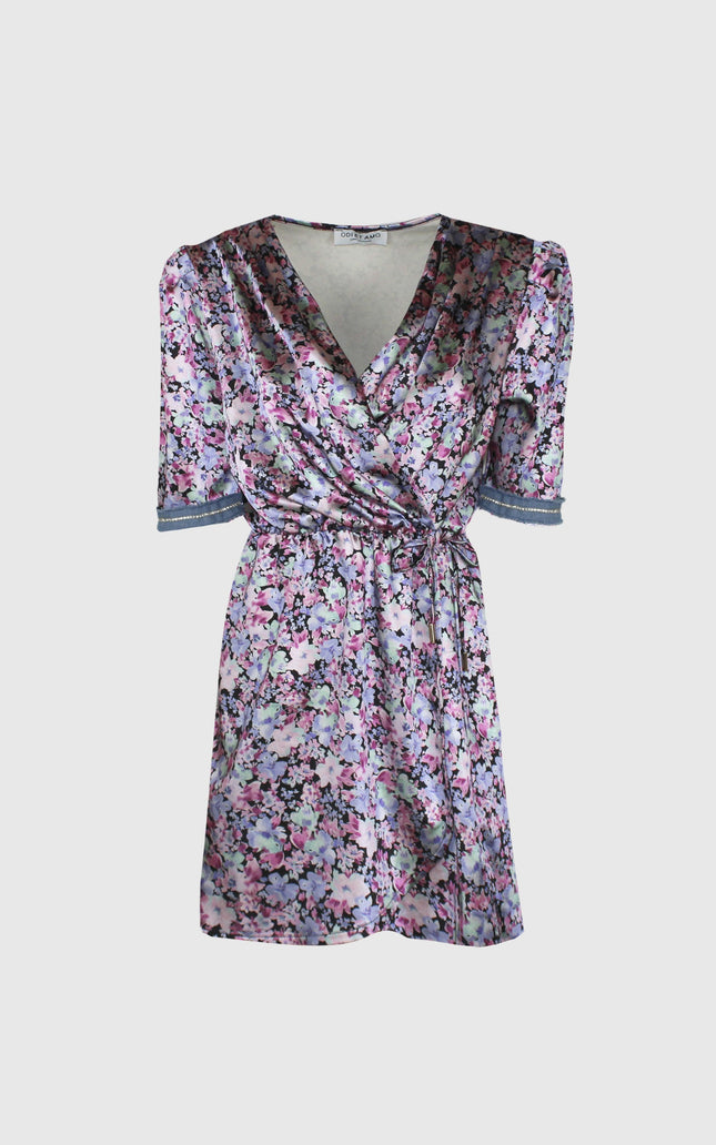 Short floral wrap dress with pink, purple, and blue print, V-neck, and puff sleeves