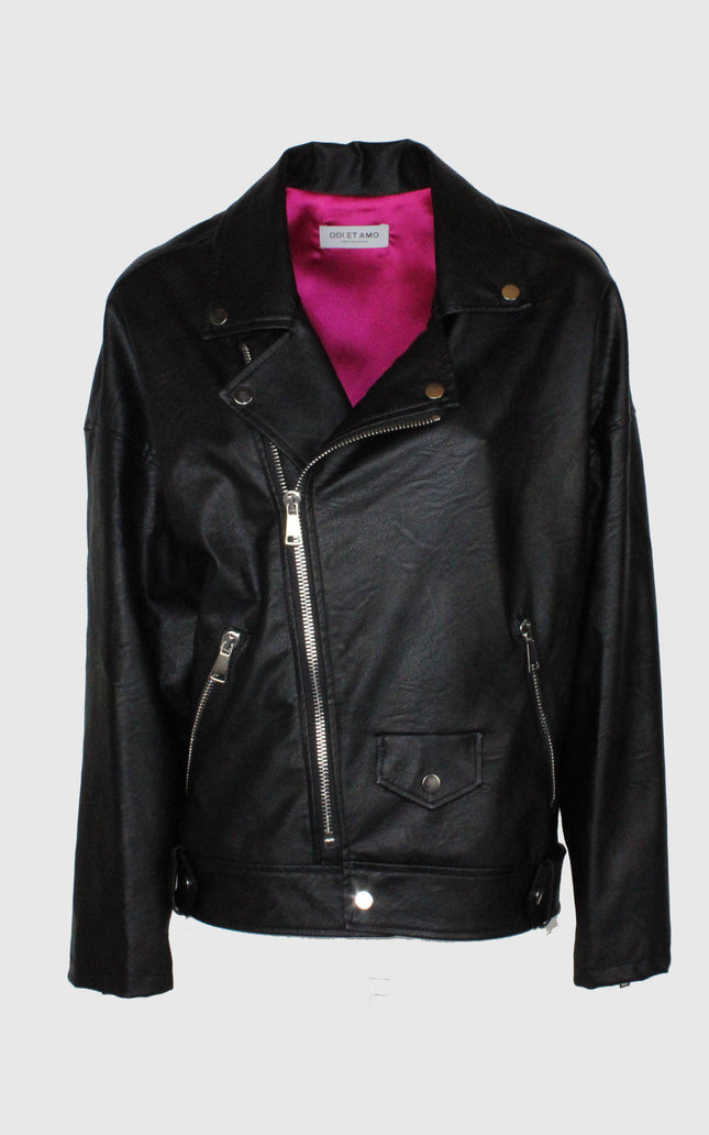 Women's black faux leather biker jacket with silver zippers and fuchsia lining