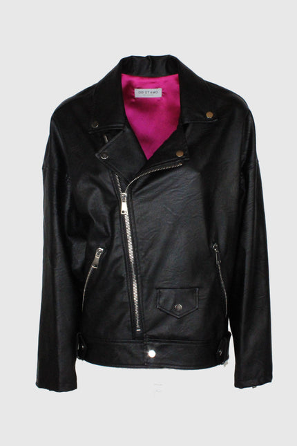 Women's black faux leather biker jacket with silver zippers and fuchsia lining