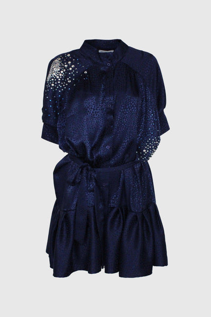 Navy blue mini dress with sequin embellishments, belted waist, short sleeves, and textured fabric.