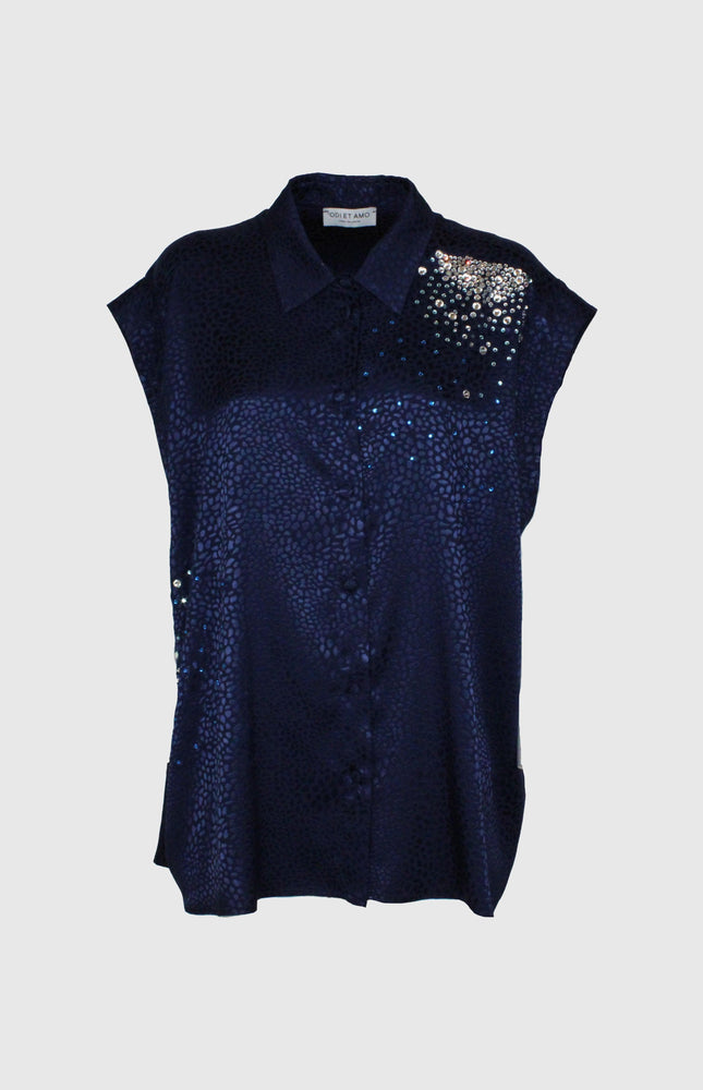 Navy sequin sleeveless blouse with animal print texture and collar, women's fashion top