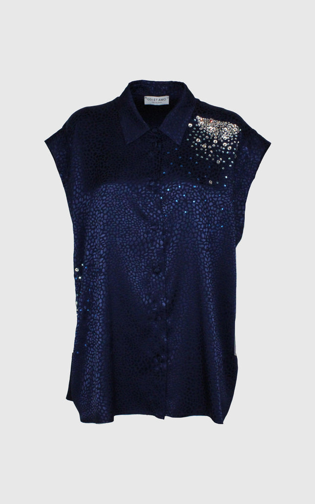 Navy sequin sleeveless blouse with animal print texture and collar, women's fashion top