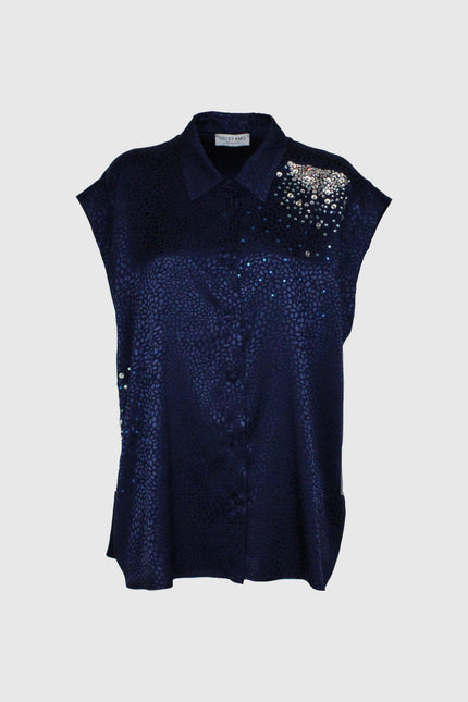 Navy sequin sleeveless blouse with animal print texture and collar, women's fashion top