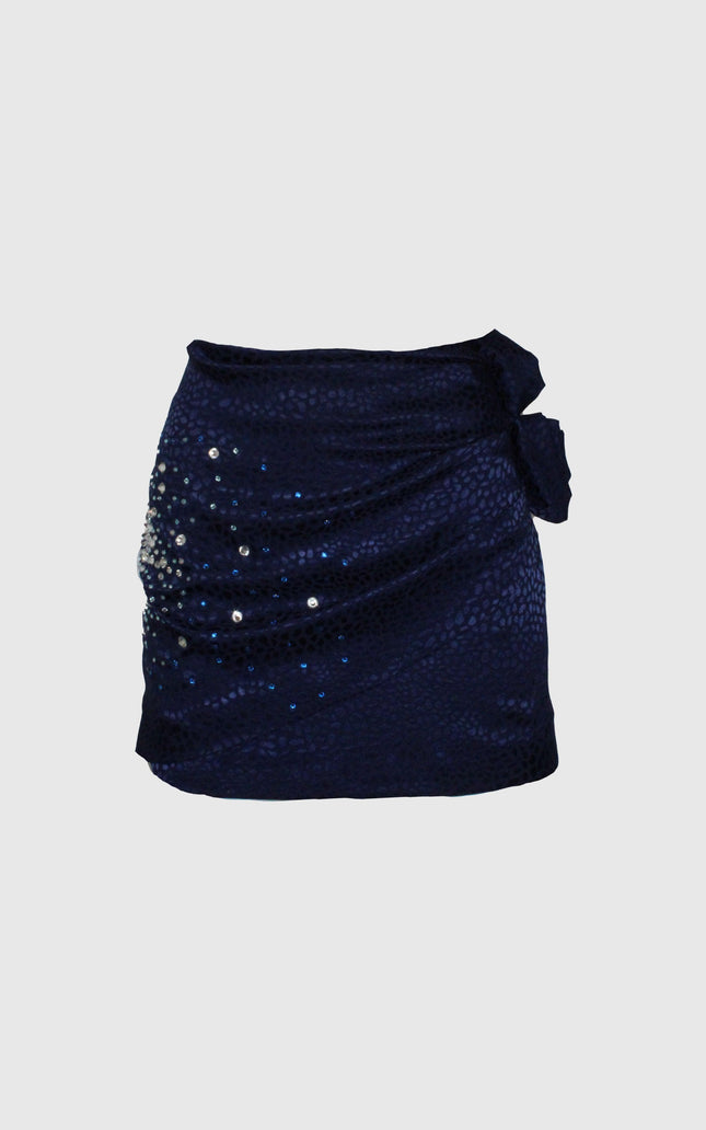 Short dark blue sequin mini skirt with draped detail and side bow, women's fashion