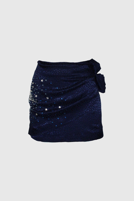 Short dark blue sequin mini skirt with draped detail and side bow, women's fashion