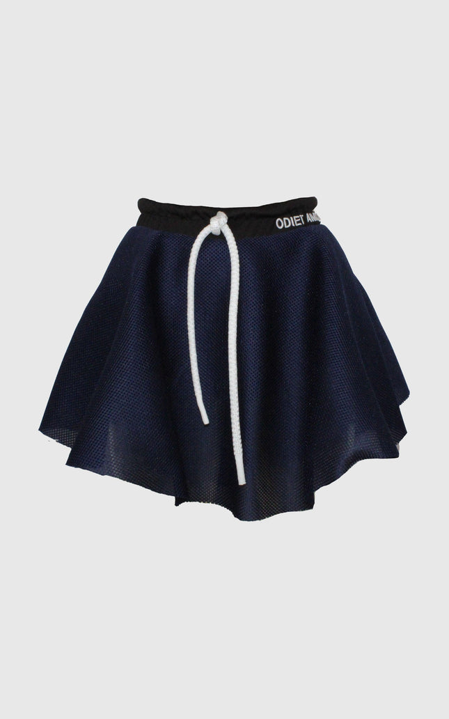 Flared navy blue mini skirt with white drawstring and black waistband, women's fashion