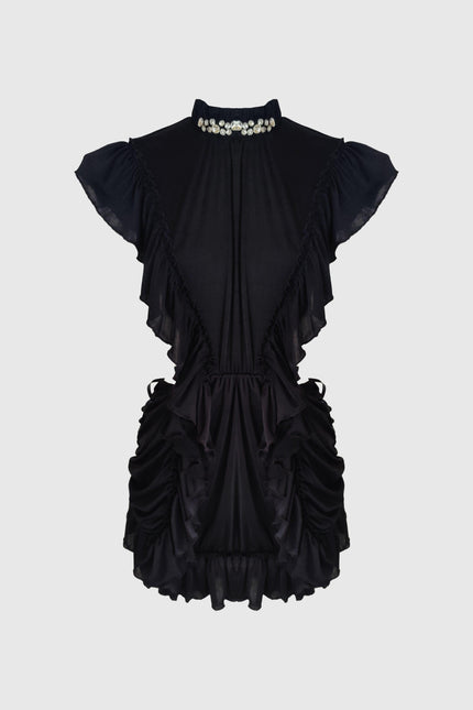 ABITO CORTO SCOLLATO SUL RETRO E DRAPPEGGIATO CON CRISTALLI SUL COLLO