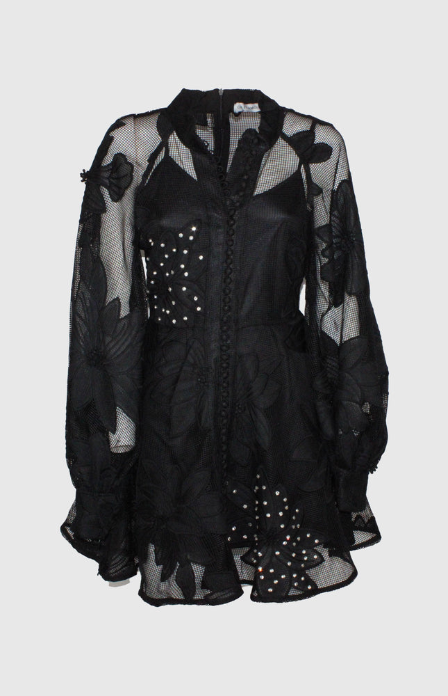 ABITO NERO CORTO RICAMATO A MANO TRASPARENTE CON BOTTONI