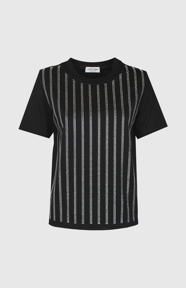 T‐SHIRT SMANICATA IN COTONE CON STRASS A RIGHE