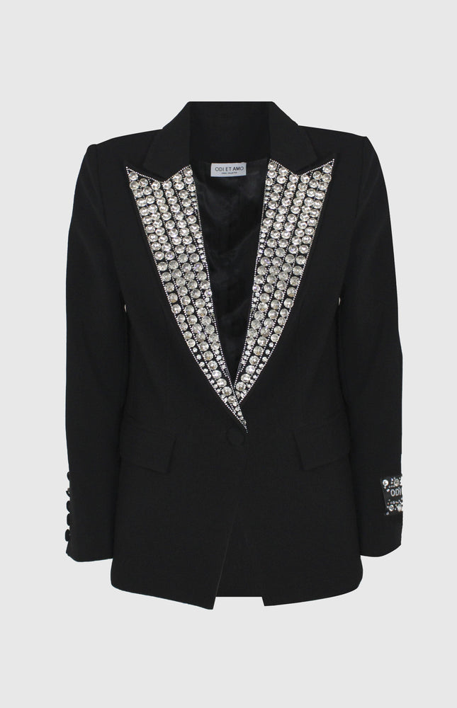 Black women's blazer with rhinestone-embellished lapels and button details.