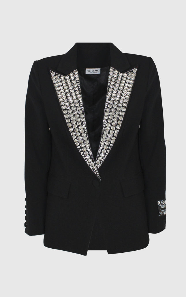 Black women's blazer with rhinestone-embellished lapels and button details.