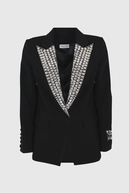 Black women's blazer with rhinestone-embellished lapels and button details.