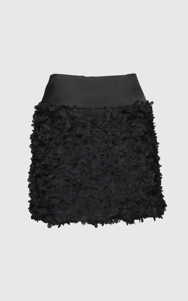 Black textured mini skirt with floral applique details, modern Italian fashion