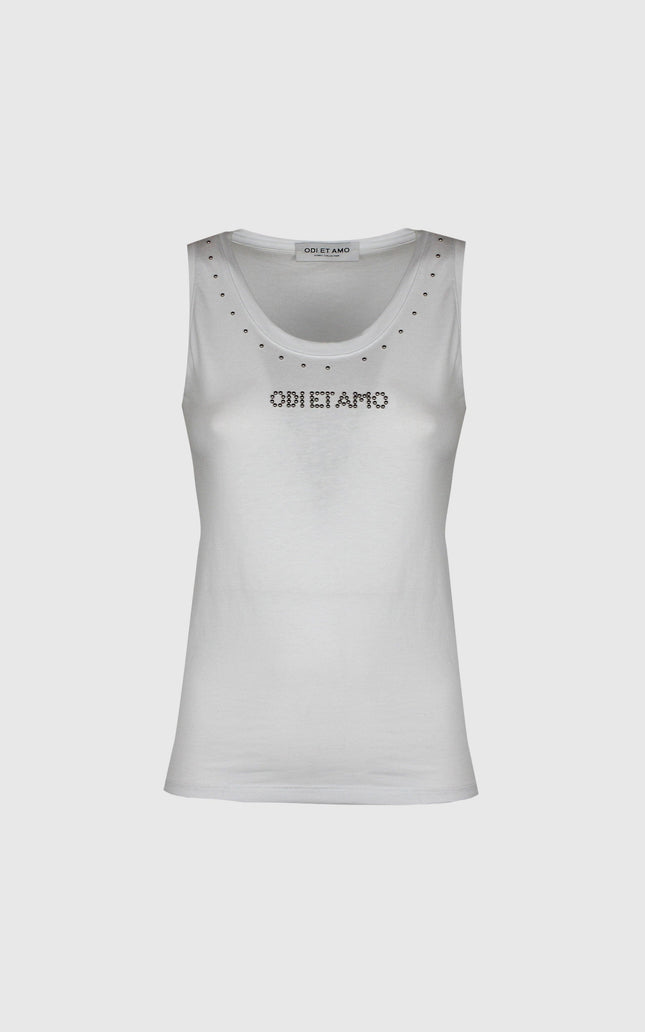 White women's tank top with rhinestone details and front Odi et Amo lettering