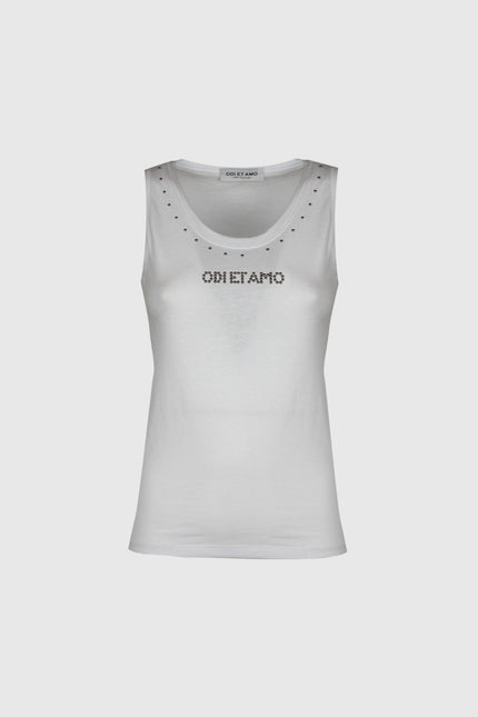 White women's tank top with rhinestone details and front Odi et Amo lettering