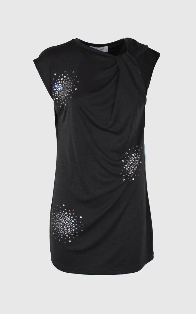 Black sleeveless dress with crystal embellishments and gathered detail, women's fashion