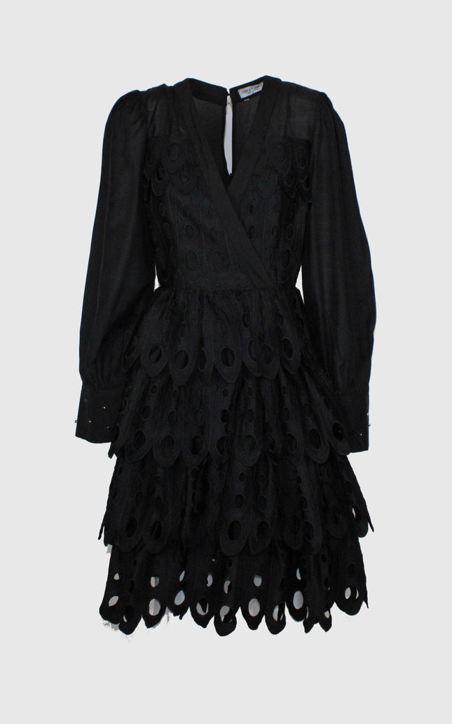 Black mini dress with long sleeves and layered circle cutout details, Italian women's fashion