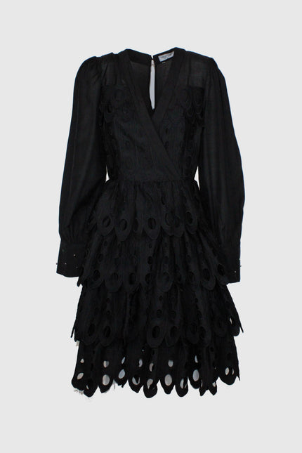 Black mini dress with long sleeves and layered circle cutout details, Italian women's fashion