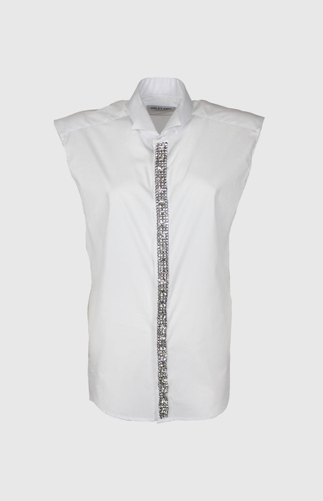 CAMICIA STILE SMOKING SMANICATA CON STRASS IN COTONE
