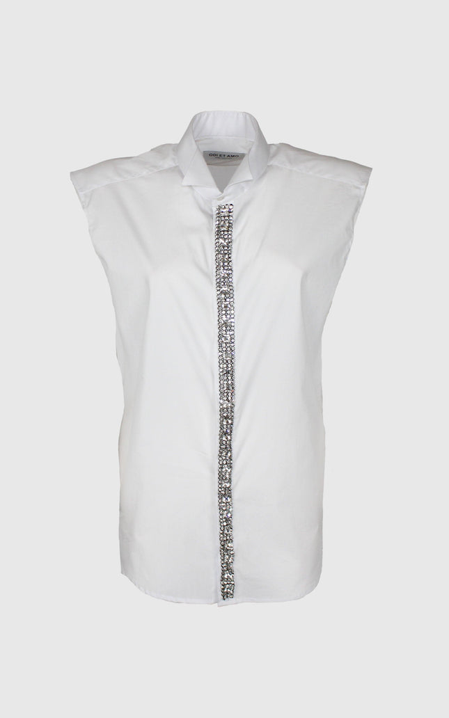 Sleeveless white shirt with a jeweled button placket and structured shoulders, on white background.