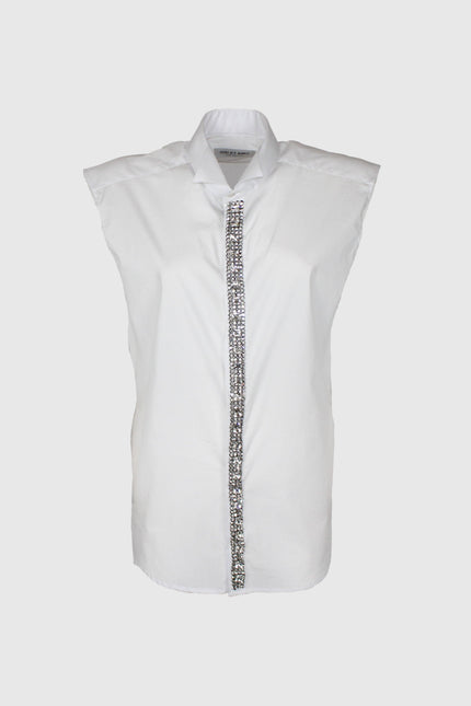 Sleeveless white shirt with a jeweled button placket and structured shoulders, on white background.