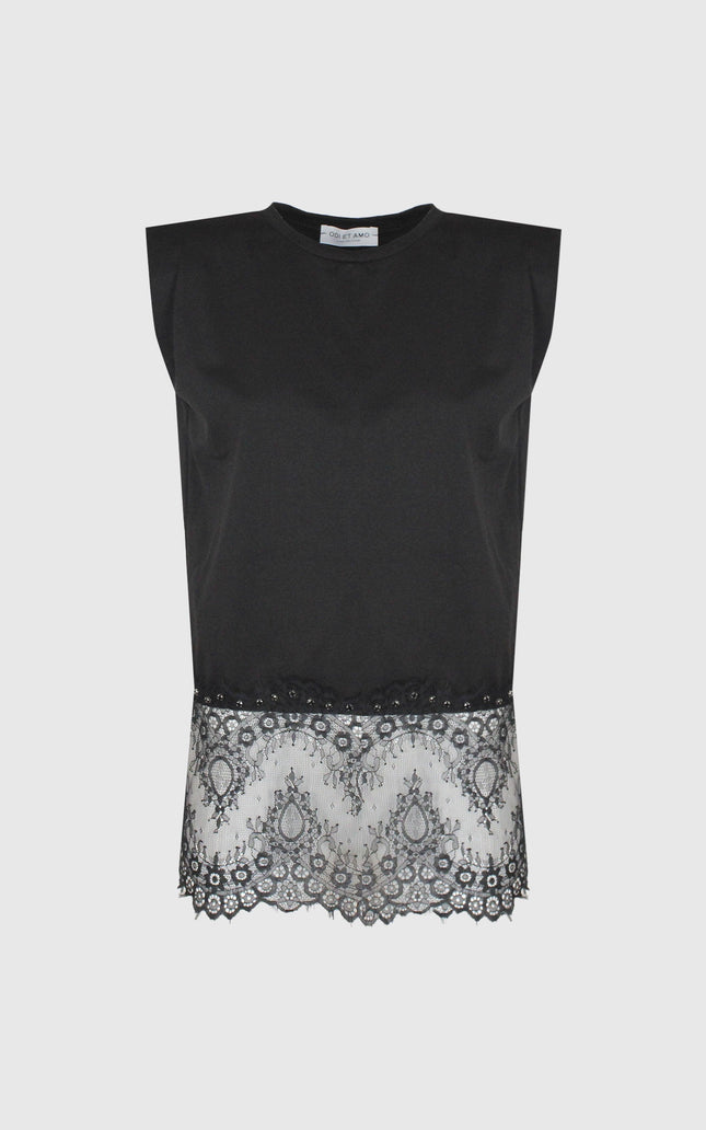 Sleeveless black women's top with floral lace hem and round neck, front view.
