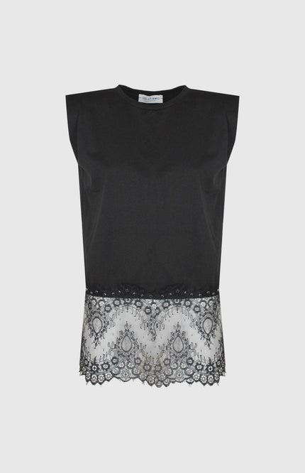 Sleeveless black women's top with floral lace hem and round neck, front view.