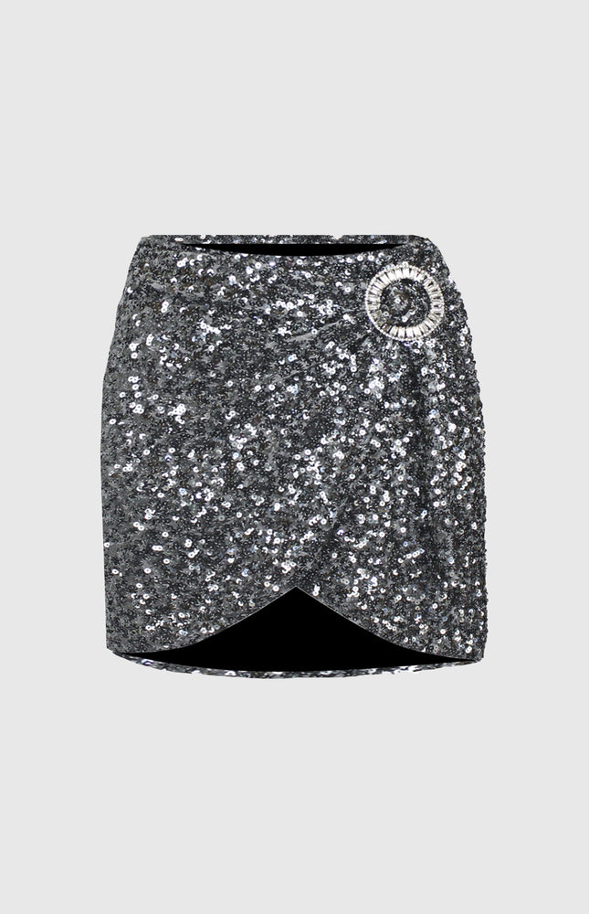 MINIGONNA A PORTAFOGLIO PAILETTES ARGENTO CON FIBIA DI CRISTALLI