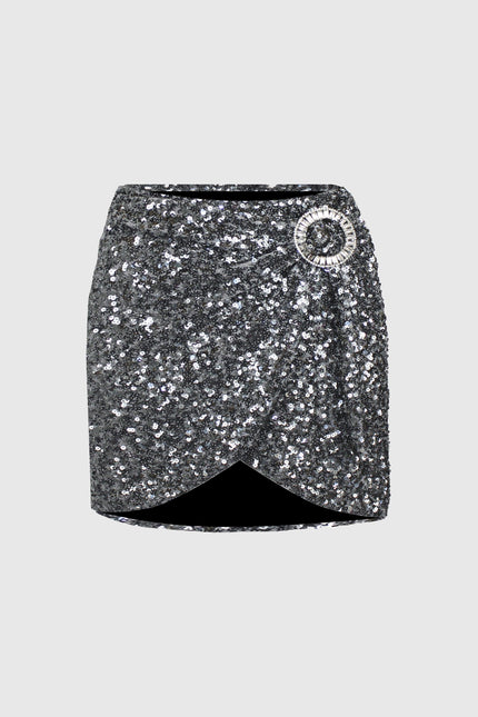 MINIGONNA A PORTAFOGLIO PAILETTES ARGENTO CON FIBIA DI CRISTALLI
