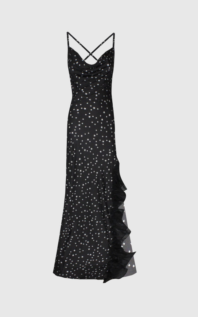 Black maxi dress with white star print, ruffle detail, and spaghetti straps