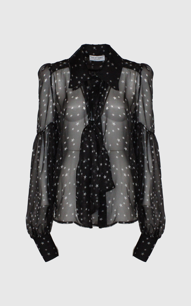 Sheer black blouse with star print, long sleeves, tie neck, and buttoned cuffs
