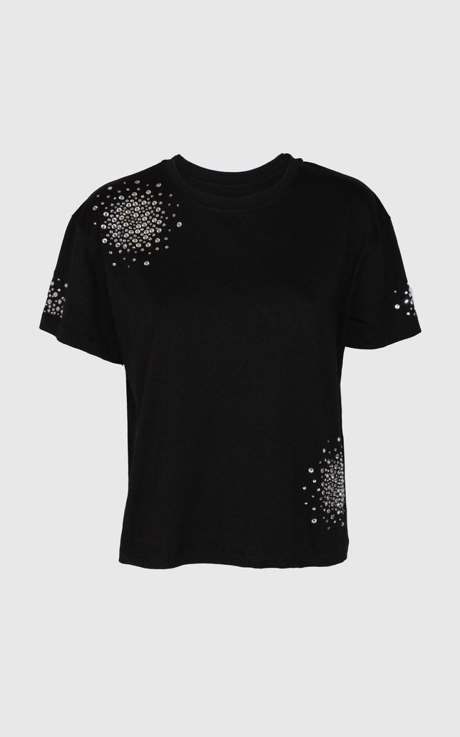 Black women's t-shirt with scattered silver rhinestone embellishments on shoulder and hem