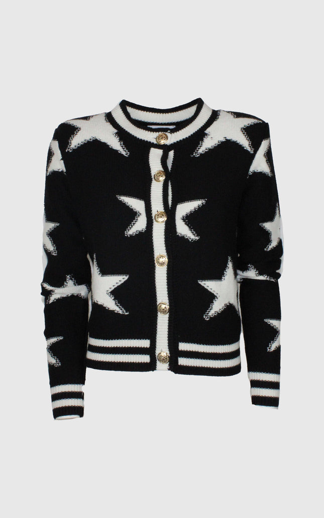 Black knit cardigan with white star pattern and gold buttons, women's fashion.