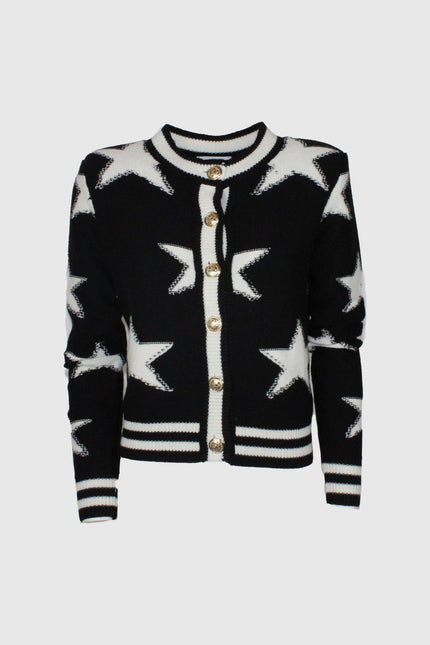 Black knit cardigan with white star pattern and gold buttons, women's fashion.