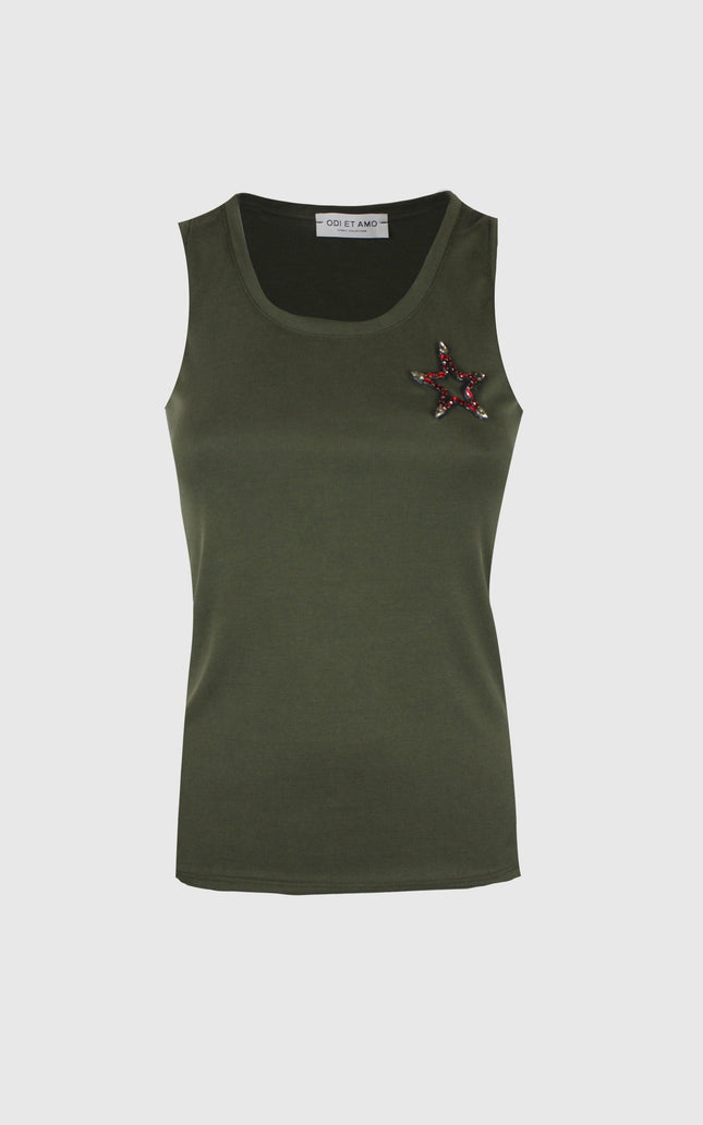 Sleeveless khaki green women's top with star embellishment on chest