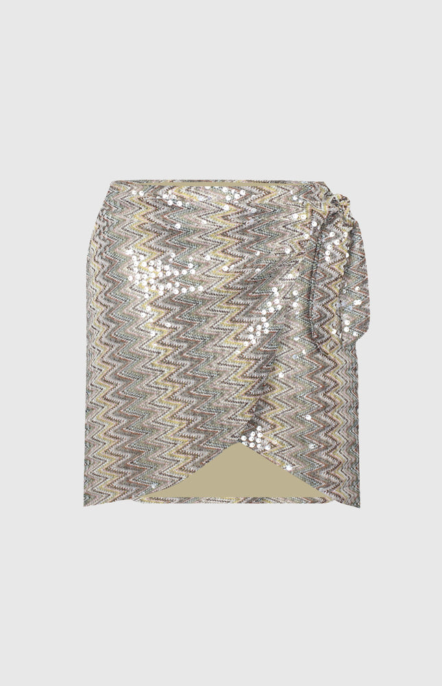 STRETCH SEQUIN WRAP MINI SKIRT WITH PATTERN