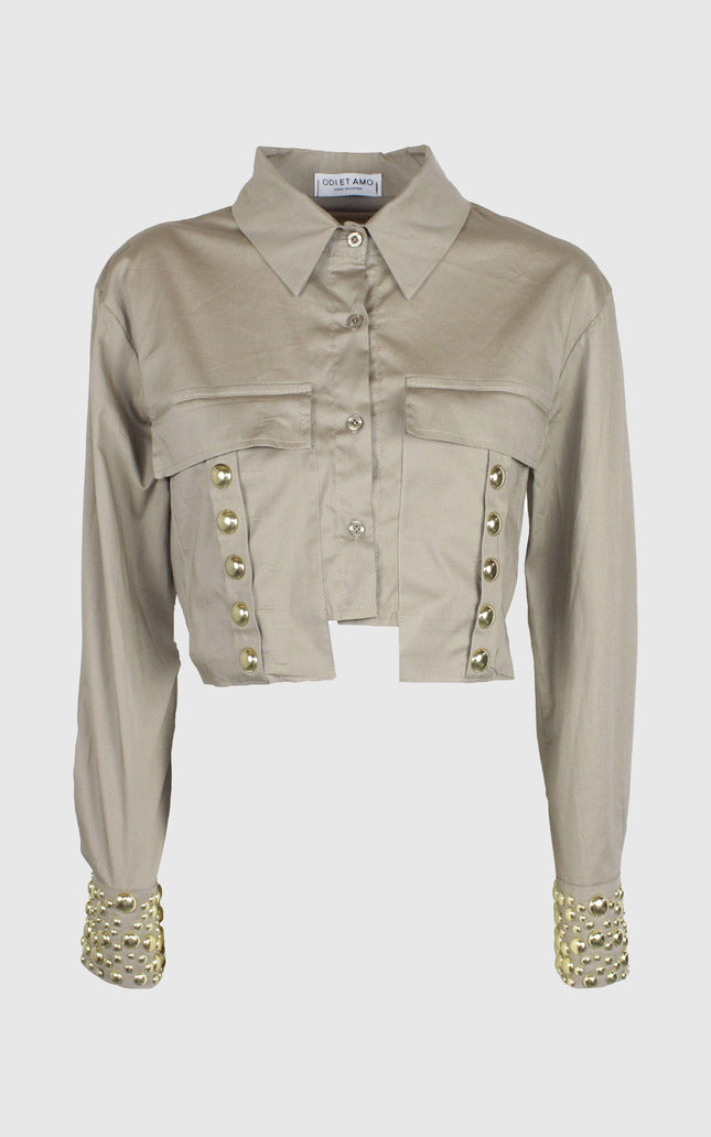 Beige cropped jacket with gold studded buttons and long sleeves, women's fashion top