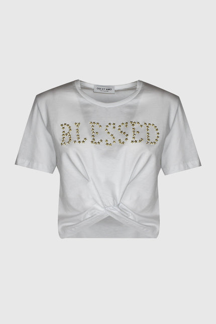 BLESSED GOLD STAR STUDDED CROPPED COTTON T-SHIRT WITH KNOT AT THE WAIST