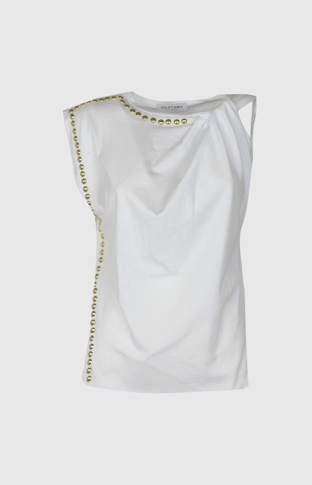 T-SHIRT SMANICATA IN COTONE ASIMMETRICA CON NODO SULLA SPALLA E BORCHIE ORO