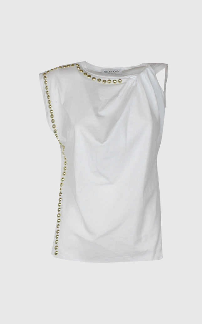 White sleeveless top with gold stud details and draped design, women's fashion