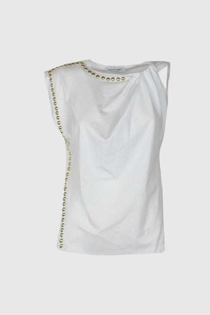 ASYMMETRIC SLEEVELESS COTTON T-SHIRT WITH KNOT ON THE SHOULDER AND GOLD STUDS