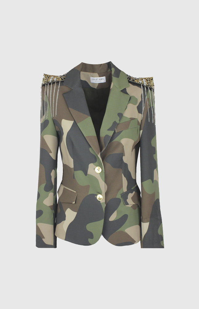 BLAZER SLIM FIT STAMPA MILITARE CON SPALLINE E CATENA GIOIELLO E BOTTONI ORO