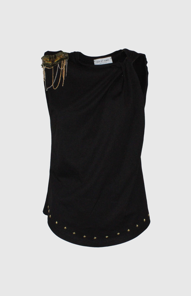 T-SHIRT SMANICATA ASIMMETRICA NODO SULLA SPALLA E APPLICAZIONE MILITARE