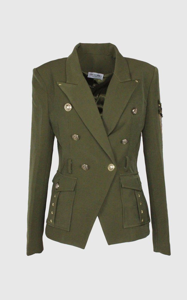 Olive green double-breasted women's blazer with gold buttons and pocket details